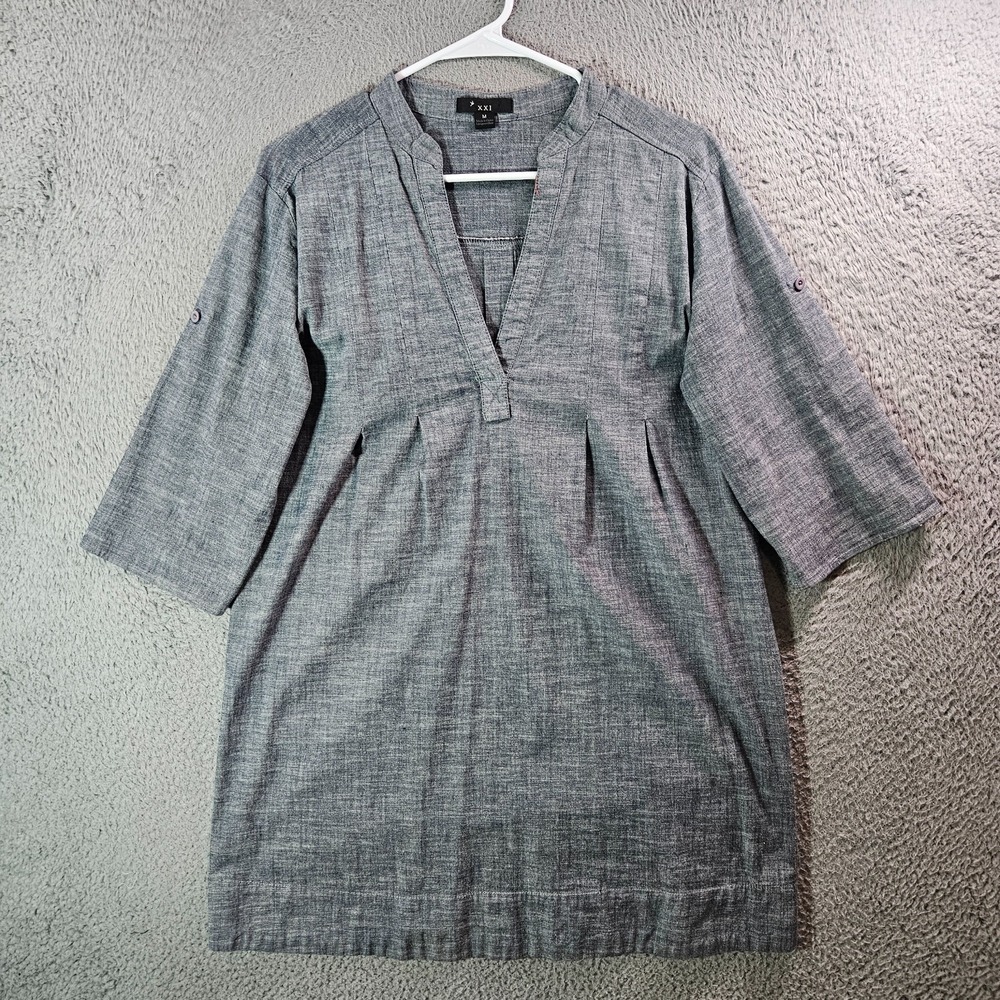 XXI Mini Dress Tunic Top Womenโ Medium Split Neck Stretch 3/4 Sleeve Blue